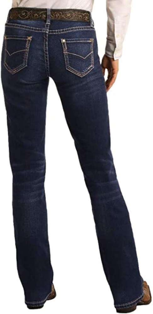 Rock & Roll Cowgirl Riding Extra Stretch Dark Wash Jeans W7-4166