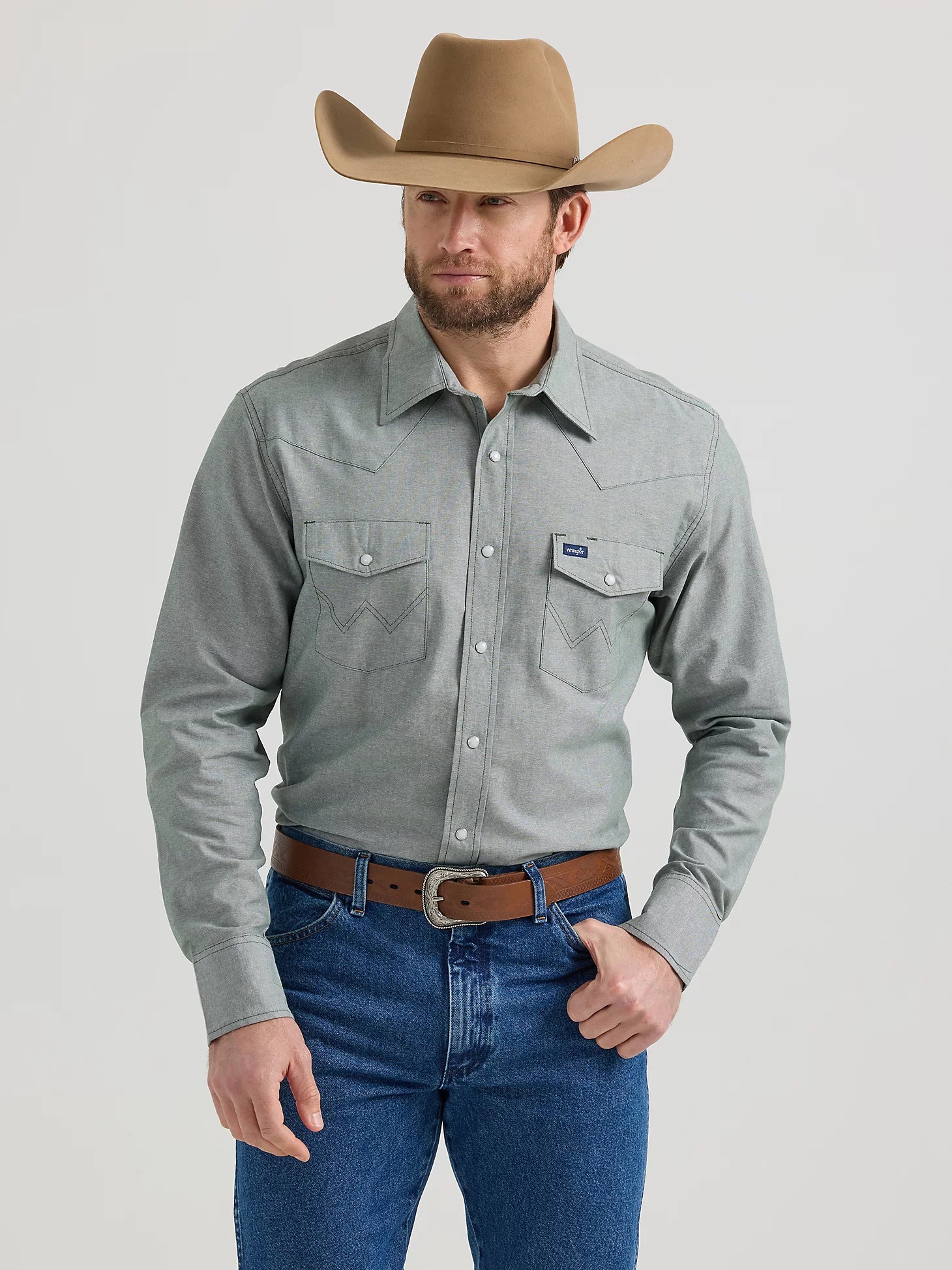 Men’s Wrangler Cowboy Cut Work Chambray Long Sleeve Snap Shirt – Green Forest – 112352646