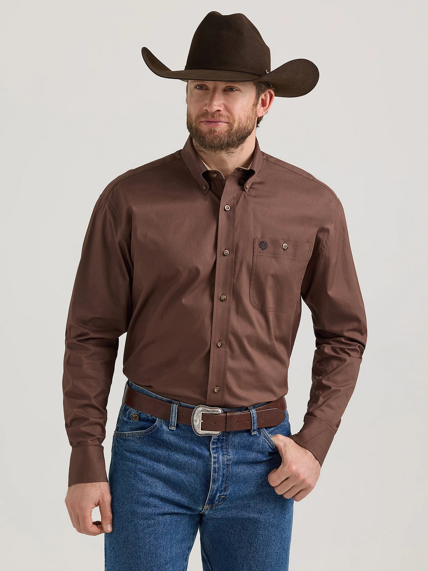 Men’s Wrangler George Strait Long Sleeve Button Down Shirt – Brown Chocolate – 112352722