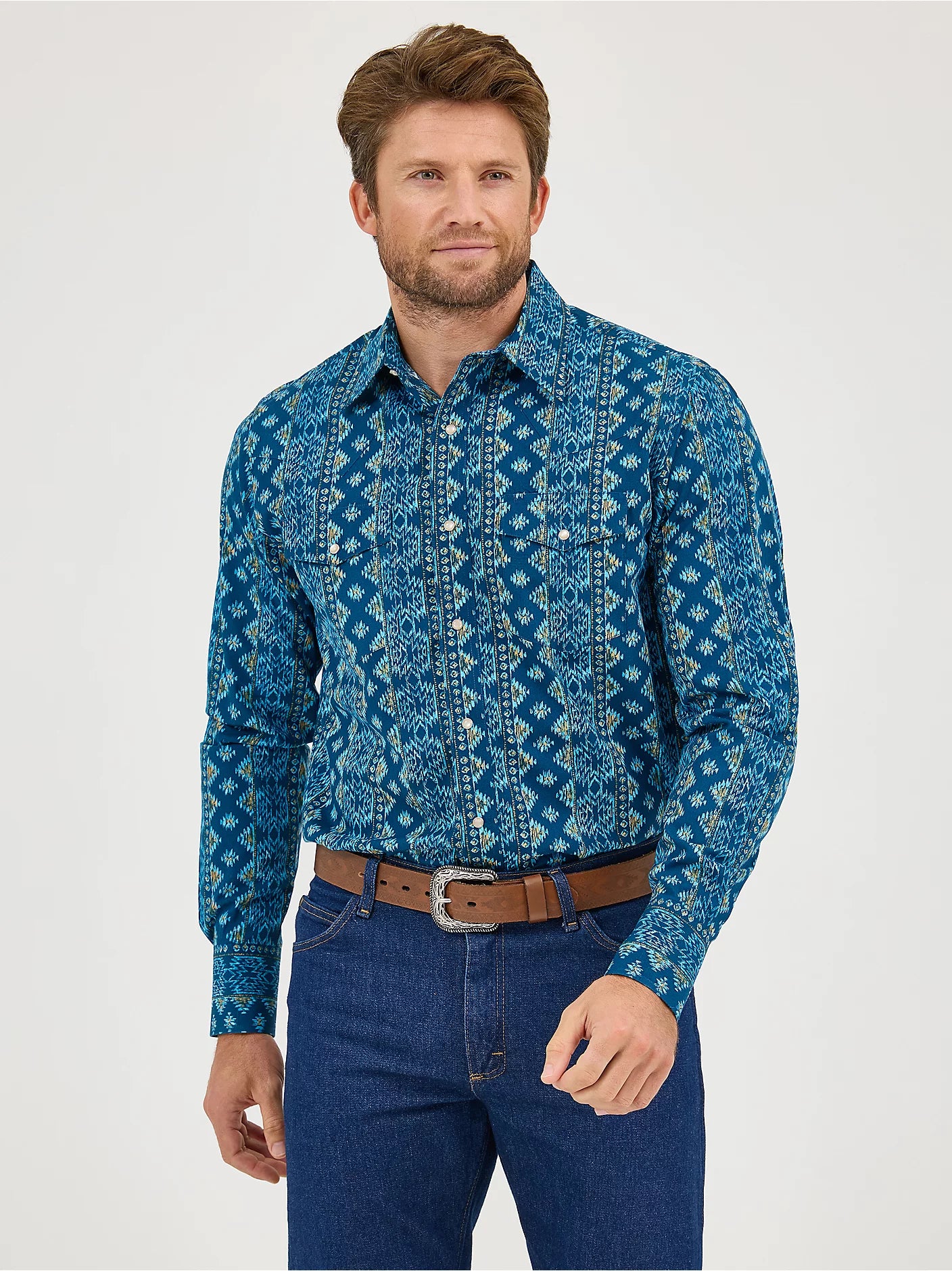 Wrangler Men’s Checotah Long Sleeve Deep Lake Western Snap Shirt-112359440