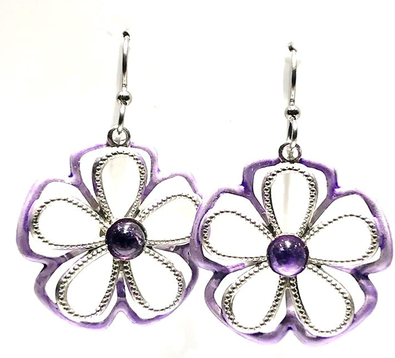 Silver Forest Open Silver & Amethyst Flower with Amethyst Stone Center Pierced earrings NE-2101