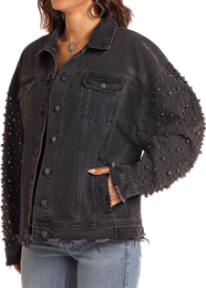 Rock & Roll Ladies Distressed Pearl Sleeve Jacket – Black – BW92D05348