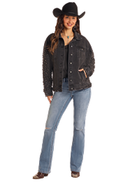 Rock & Roll Ladies Distressed Pearl Sleeve Jacket – Black – BW92D05348