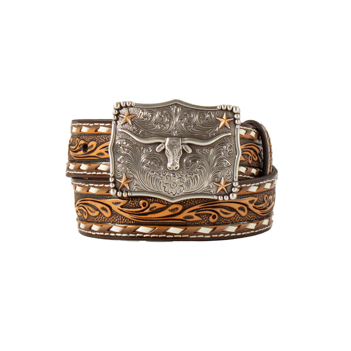 3D Boy’s Brown 3D Twisted Cream Stitching Western Belt – D120004302