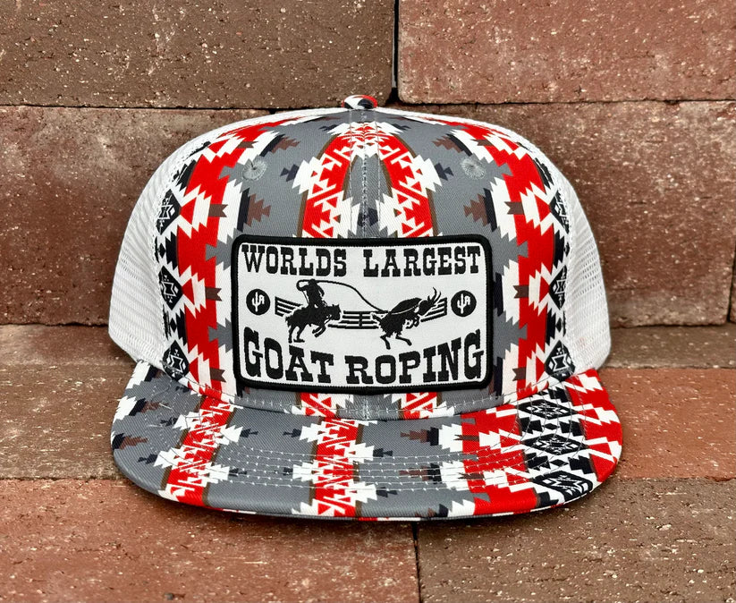 Cactus Alley Hat Co. “Goat Roping” – CA Red/White Mesh Aztec, Snapback Cap CAAGR