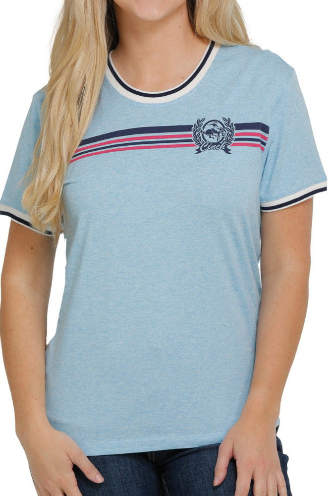 Cinch Ladies Light Blue Logo Stripe Short Sleeve T-Shirt MSK7890004