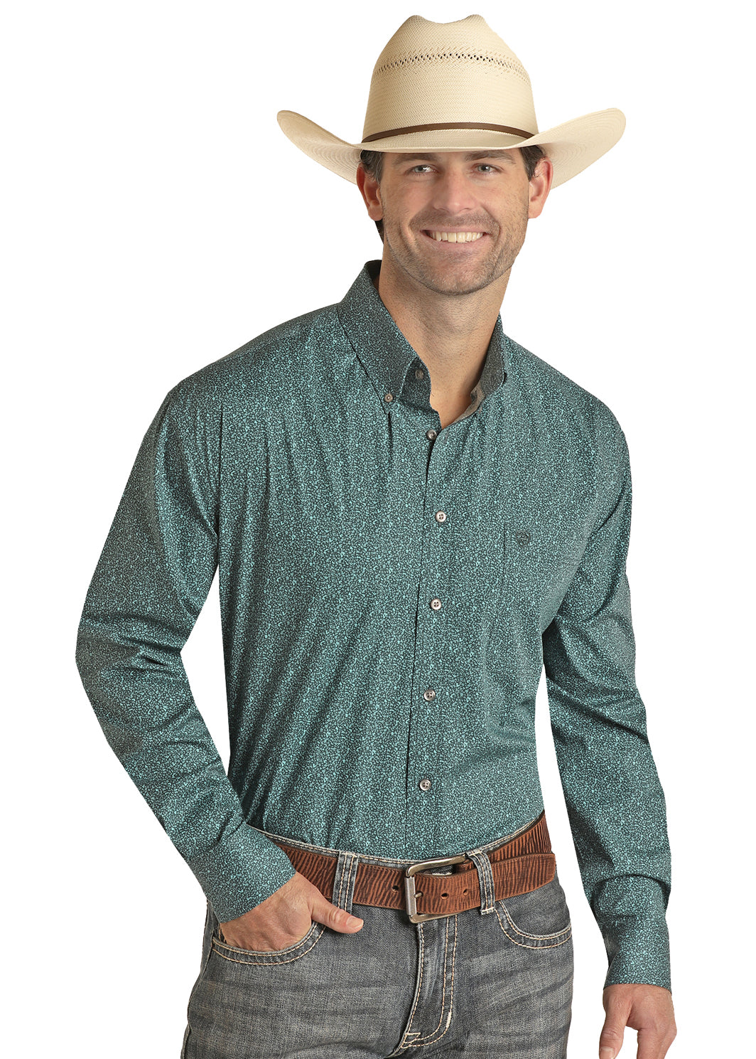 Panhandle Men’s Long Sleeve Ditsy Woven Button Down RRMSODR0PY