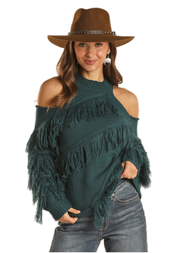 Rock & Roll Denim Ladies Angled Fringe Sweater Green- BW32T02043-G