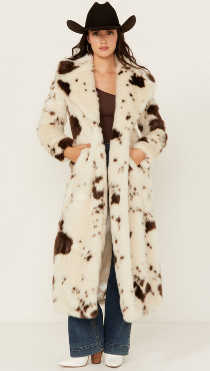 Powder River Ladies Cow Print Duster Faux Fur Coat – DW92C04155