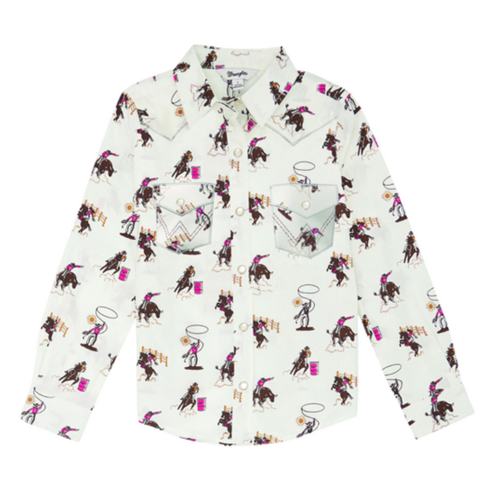 Wrangler Kids White Barrel Racing Button Up Shirt-112355824