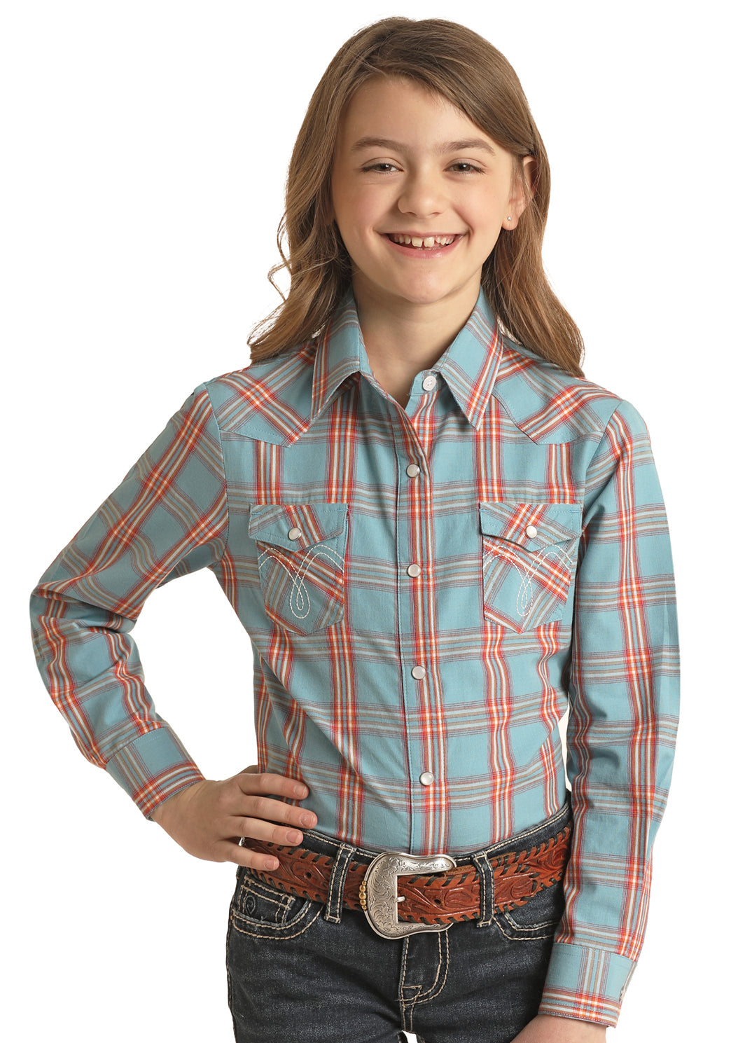 Panhandle Girls Long Sleeve Snap Shirt Blue Plaid WLGSOSR0N3