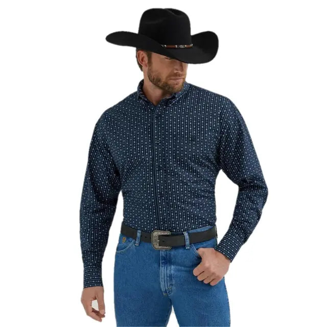 Wrangler Men’s George Strait Long Sleeve Woven Button Down Shirt, Blue – 112356594
