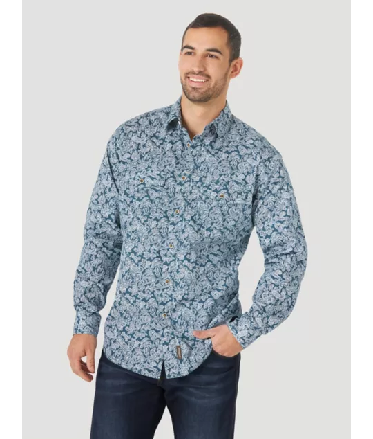 Wrangler Men’s Retro Long Sleeve Button Down Print Shirt in Blue MVR575Q