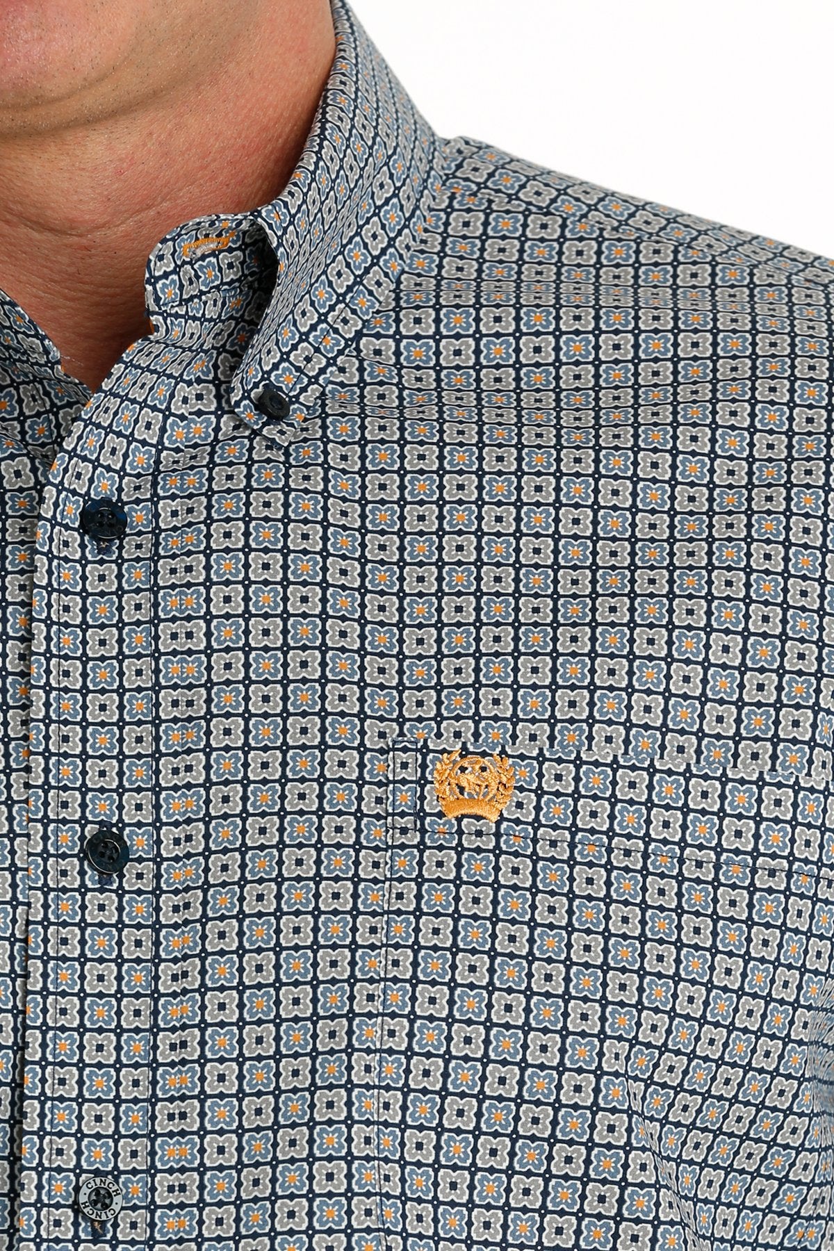 Cinch Men’s Stretch Geometric Print Button Down Shirt Navy/ Orange MTW1105699