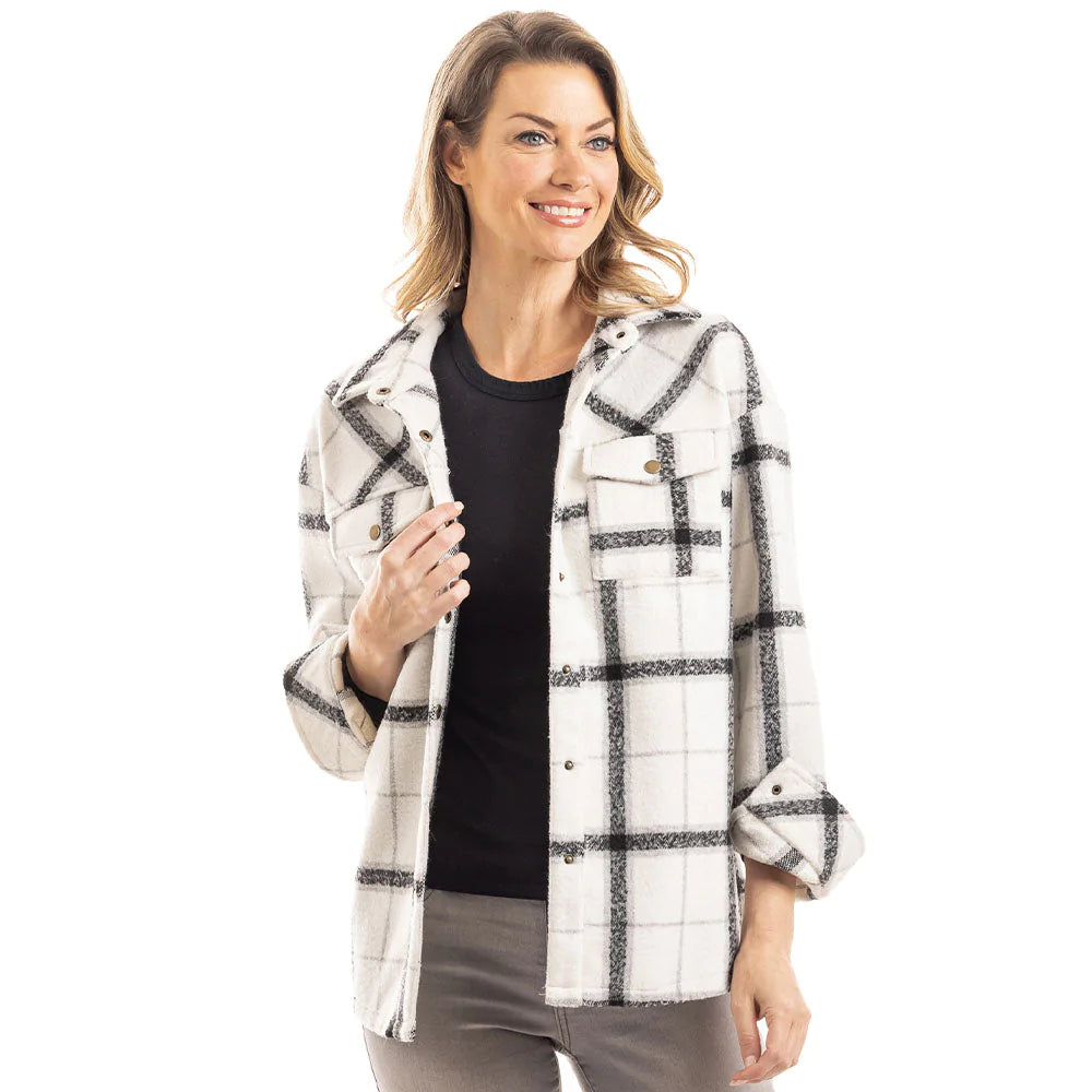 Katydid Ladies WHITE AND BLACK PLAID SHACKET- KATY-KDC-SHKT-40_WHT_