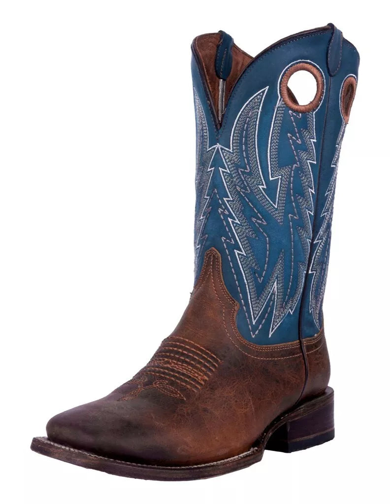 Circle G Men’s Chocolate/Blue Embroidery & Pull Holes Wide Square Toe L6084