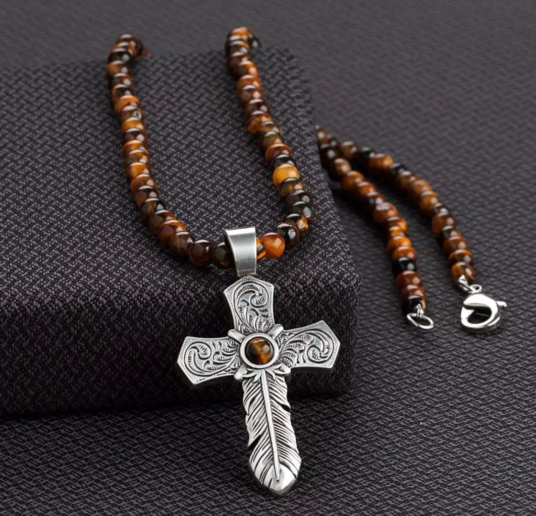 Silver Strike Tiger Eye Beaded Necklace With Cross Pendent – D47012